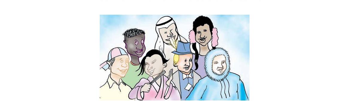 Un groupe de sept personnes très différentes : origines, habits et âges variés, venues du monde entier